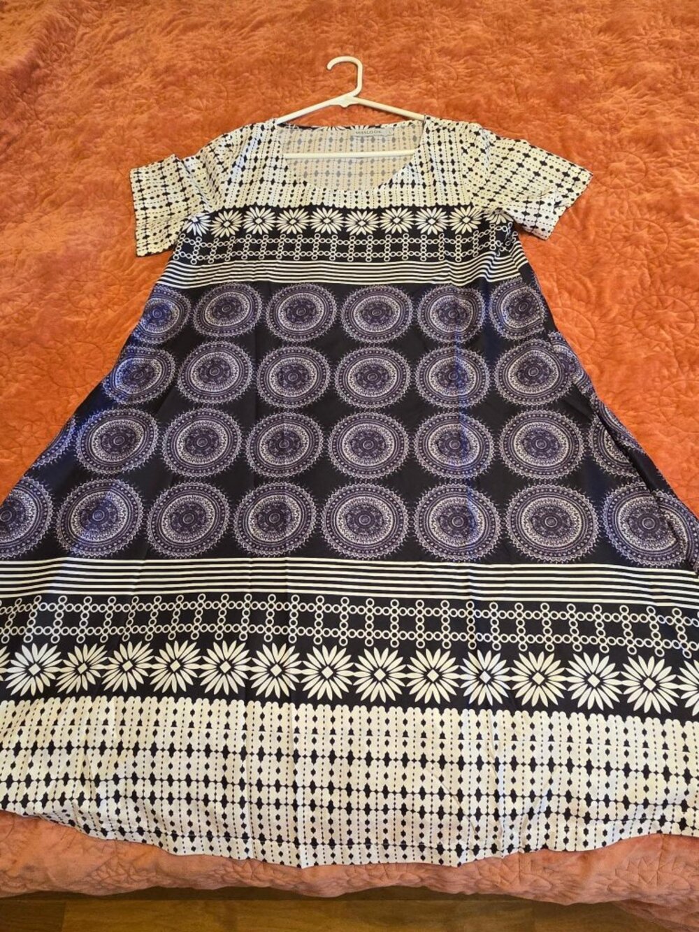 MissLook Casual Short Sleeve Purple Medallion Swing Dress SZ L